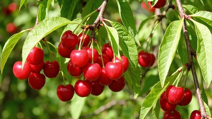 Obraz premium Fresh red cherries on branches with green leaves under the summer sun