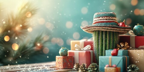 Naklejka premium Holiday decorations featuring a cactus with a hat surrounded by colorful gift boxes and festive ornaments