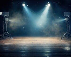 Stage lights illuminate empty theater stage with smoke for performance, show, or presentation use