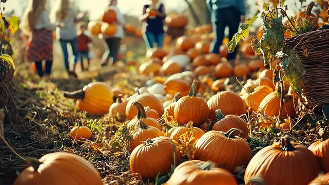 A pumpkin patch bustling with families enjoying autumn harvest activities.