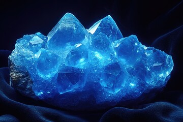 Obraz premium A stunning cluster of vibrant blue fluorite crystals, illuminated against a dark backdrop.