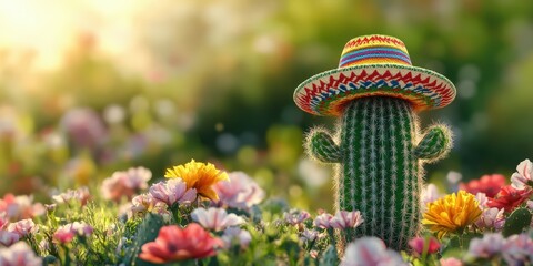 Fototapeta premium Cactus wearing a colorful sombrero amidst a vibrant flower garden during a sunny day