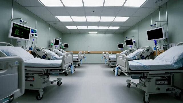Modern hospital room with empty beds and advanced medical equipment is shown in a slow motion sequence, emphasizing the sterile and prepared environment