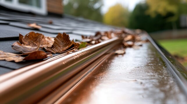 A close-up shot of a copper gutter filled with brown leaves, capturing the essence of autumn and the beauty intertwined with nature&rsquo;s gentle decay.