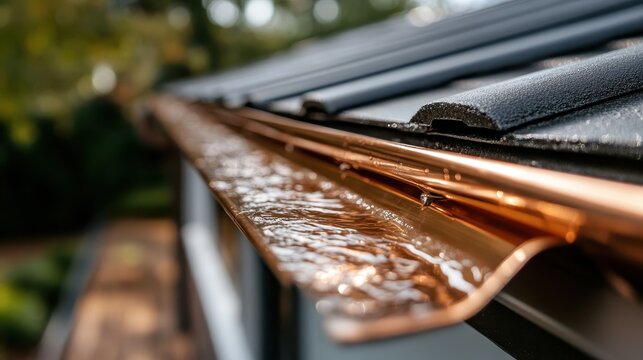A close-up view of a copper gutter filled with flowing rainwater, showcasing both functional design and the natural beauty in everyday architectural elements.
