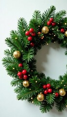 decorated evergreen branch wreath with tinsel and berries, festive, evergreen, wreath