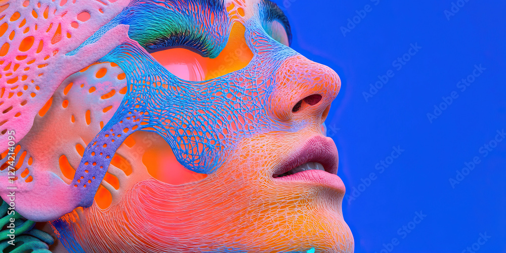 Poster digital render of female face with multicolored net-like overlay