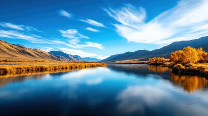 A serene landscape featuring a tranquil river reflecting the clear blue sky and surrounding mountains. Autumn foliage adds vibrant colors, creating a picturesque natural scene.