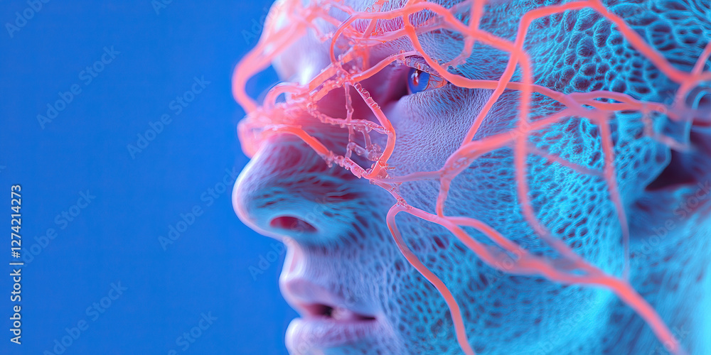 Poster digital rendering of human face with translucent tubular network