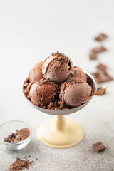 Homemade chocolate ice cream balls in creame bowl on the table