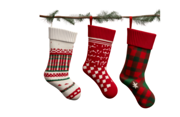 Portraits of Christmas socks hanging on a line, isolated against a transparent PNG background.