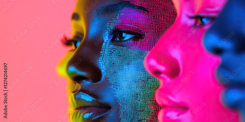 Poster three faces with data overlay and vibrant color scheme