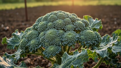 Fresh broccoli head in sunlit garden soil