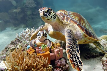 Fototapeta premium A sea turtle and its hatchling explore a vibrant underwater scene, surrounded by coral and colorful treasures.
