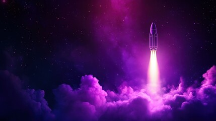 Naklejka premium A spacecraft ascends into a vibrant purple sky, leaving a trail of glowing exhaust as it pierces through fluffy clouds, symbolizing exploration and innovation in space travel.