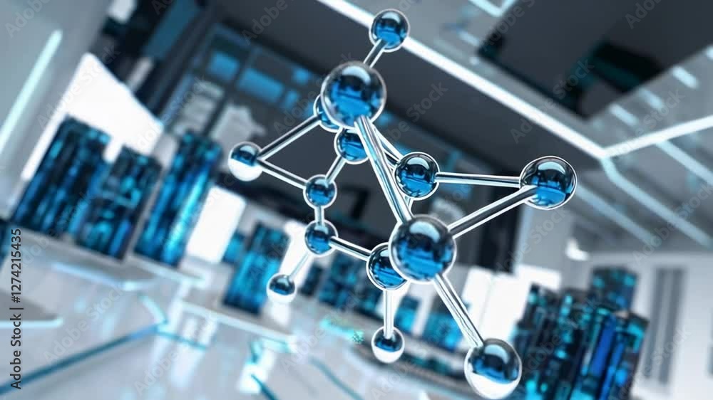 Poster Molecular structure rotating within pristine laboratory environment, representing cutting edge scientific research and technological advancement in chemistry, physics, and medical innovation