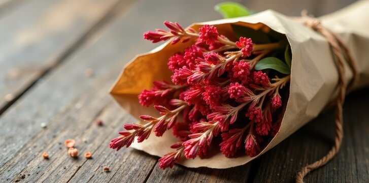 Bundle of dried red wildflowers tied with twine in a paper package, foliage, gift wrapping