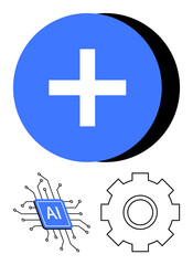 Blue circle with a cross, AI circuit chip, and gear symbolizing technology, healthcare, AI systems, engineering, digital solutions, innovation and futuristic concepts. Ideal for tech AI