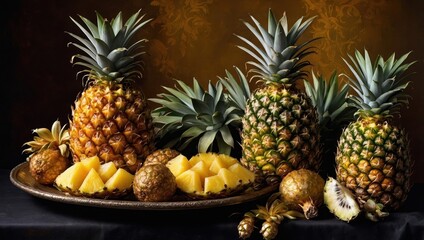 Close-up of pineapples on a wooden table