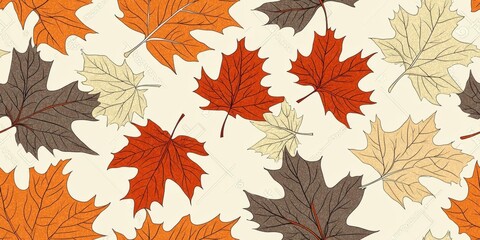 Fototapeta premium Seamless Repeating Pattern of Autumn Leaves in Various Shades on a Neutral Background , isolated on white background, , copy space, copy space for text,