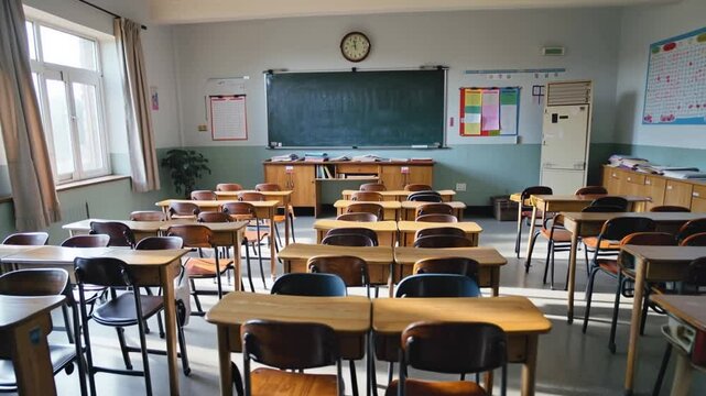 Empty classroom. Back to School Cartoon or Japanese anime. seamless looping virtual video animation background