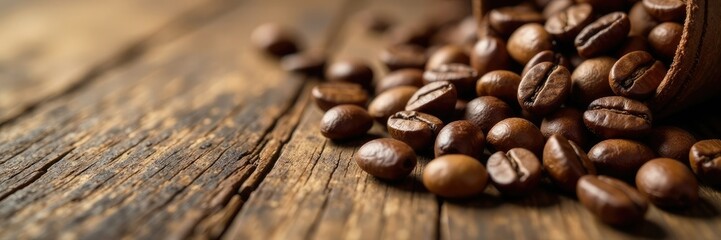 Fototapeta premium Brown coffee beans scattered on a wooden table, texture, grain