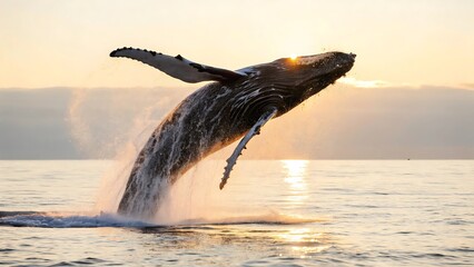Fototapeta premium World Wildlife Day concept. Majestic Whale Breaching the Calm Ocean Surface at Sunset