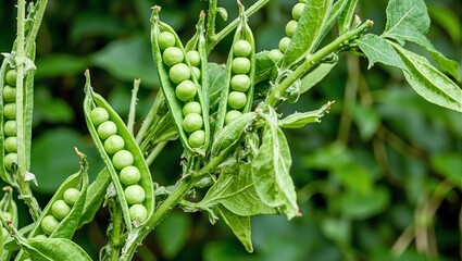 Naklejka premium Fresh green peas in pods against lush garden backdrop