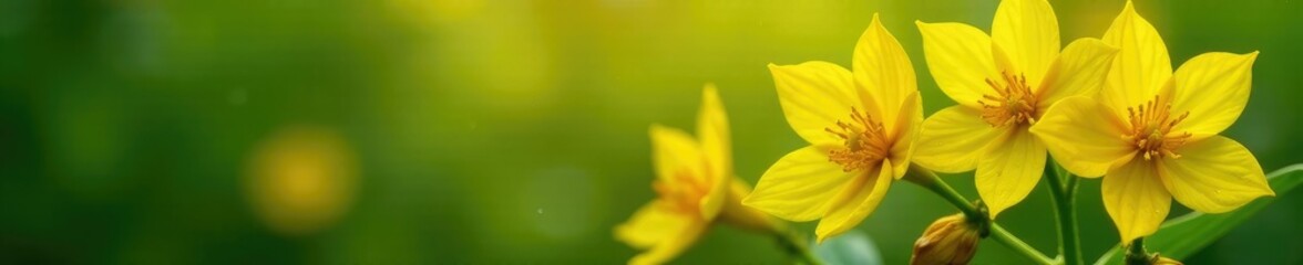 Fototapeta premium Bright yellow flowers with water droplets on the stem and leaves, flowers, yellow
