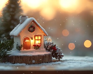 Festive miniature house glows warmly amid snowy Christmas scene