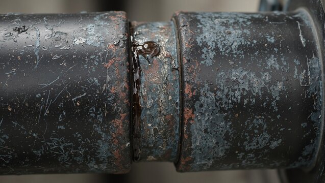 Oil pipeline joint with tight seal and leaking oil extreme close up