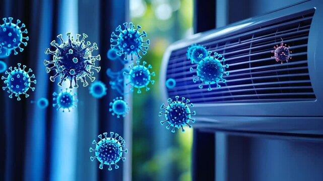 Virus particles floating near an air conditioning unit inside a modern indoor space