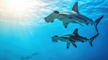 Obraz premium Two hammerhead sharks swim gracefully in clear blue waters, illuminated by sunlight filtering through the ocean surface.