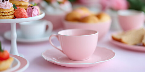 Pink Teacup and Saucer with Pastries and Tea Set Items