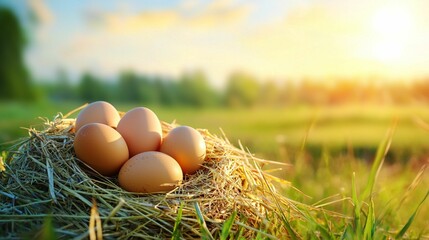 Fresh Brown Eggs Nestled in a Natural Meadow Setting