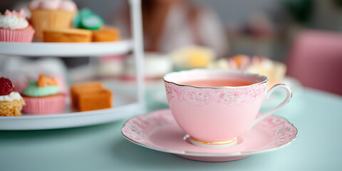 Pink Teacup and Saucer with Assorted Pastries on Two-Tiered Server