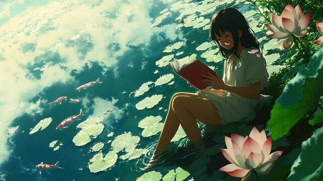 An anime girl reading a book while dipping her feet in a lotus pond surrounded by koi fish. Seamless looping time lapse animation video background.  
