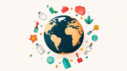 A vibrant illustration of Earth surrounded by various eco-friendly icons, highlighting themes of sustainability and environmental awareness.