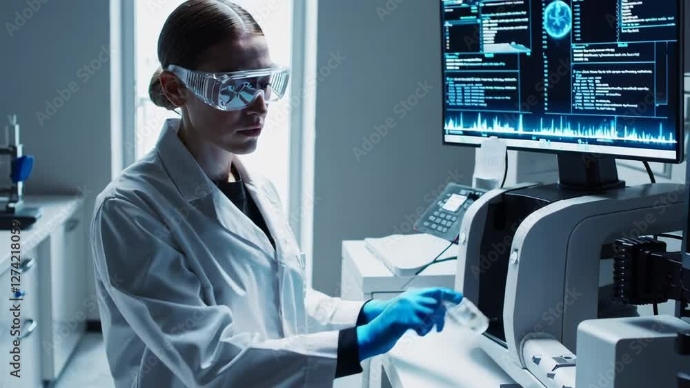 Poster laboratory technician wearing lab coat, goggles and gloves, operating advanced medical machinery in 