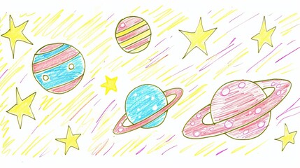 Vibrant planetary doodles with stars in colorful cosmic space art.