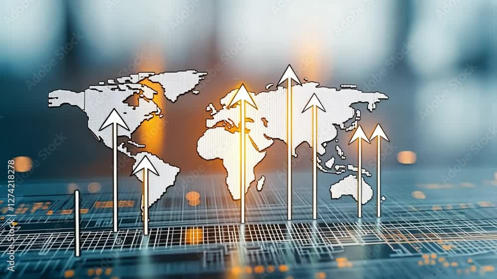 Poster a global map with upward arrow icons on a futuristic interface. concept of international expansion a