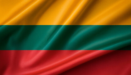 Naklejka premium Lithuania national flag with realistic fabric texture and smooth folds waving in the wind.