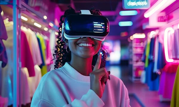 Smiling Woman in VR Headset Shopping in Neon Lit Clothing Store