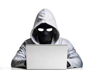 Hacker in hoodie and  mask that hides his face works at laptop, Computer hacker stealing data from a laptop concept for network security, Cybercrime, hacking and technology crime transparent backgroun