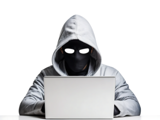 Hacker in hoodie and  mask that hides his face works at laptop, Computer hacker stealing data from a laptop concept for network security, Cybercrime, hacking and technology crime transparent backgroun