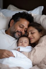 Cozy Indian Family Cuddled Together in Bed While Sleeping Peacefully