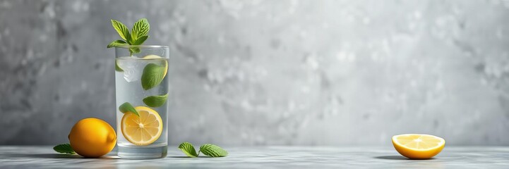 Detox water with mint lemon on grey background banner with copy space, sunlight bokeh, citrus lemonade, summer, fruit infused water, grey background, copy space, detox water