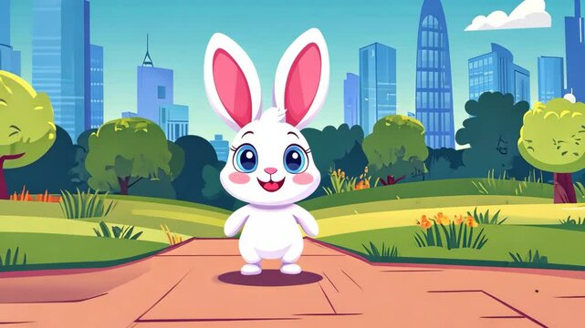 Cute cartoon rabbit exploring a vibrant city park with modern skyscrapers and lush greenery on a sunny day