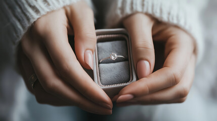 Elegant Engagement Ring in Gift Box Held by Hands with Manicured Nails