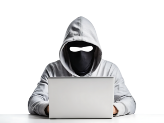 Hacker in hoodie and  mask that hides his face works at laptop, Computer hacker stealing data from a laptop concept for network security, Cybercrime, hacking and technology crime transparent backgroun